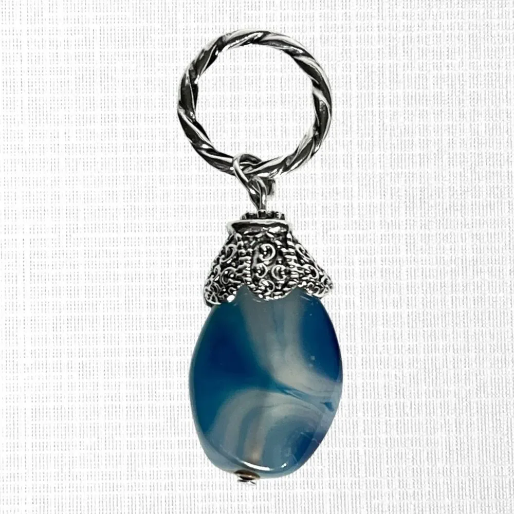 Glass Imitation Agate Stone Pendant Charm Silver Tone Blue Swirl Chunky Jewelry